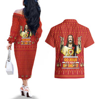 Jesus Birthday Christmas Couples Matching Off The Shoulder Long Sleeve Dress and Hawaiian Shirt Funny Xmas Holiday Patterns - Wonder Print Shop