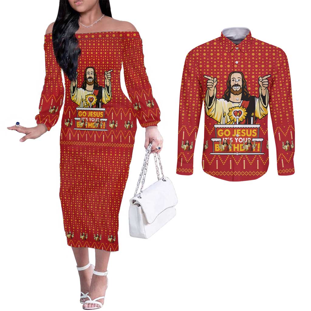 Jesus Birthday Christmas Couples Matching Off The Shoulder Long Sleeve Dress and Long Sleeve Button Shirt Funny Xmas Holiday Patterns - Wonder Print Shop