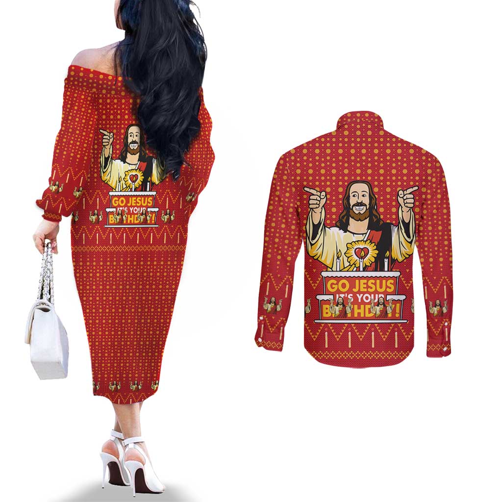 Jesus Birthday Christmas Couples Matching Off The Shoulder Long Sleeve Dress and Long Sleeve Button Shirt Funny Xmas Holiday Patterns - Wonder Print Shop