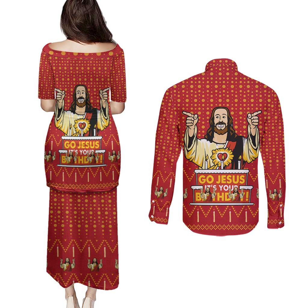 Jesus Birthday Christmas Couples Matching Puletasi and Long Sleeve Button Shirt Funny Xmas Holiday Patterns - Wonder Print Shop