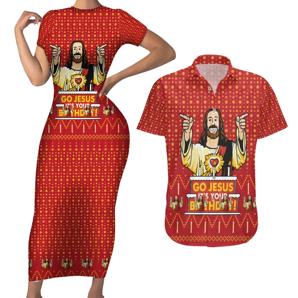 Jesus Birthday Christmas Couples Matching Short Sleeve Bodycon Dress and Hawaiian Shirt Funny Xmas Holiday Patterns - Wonder Print Shop