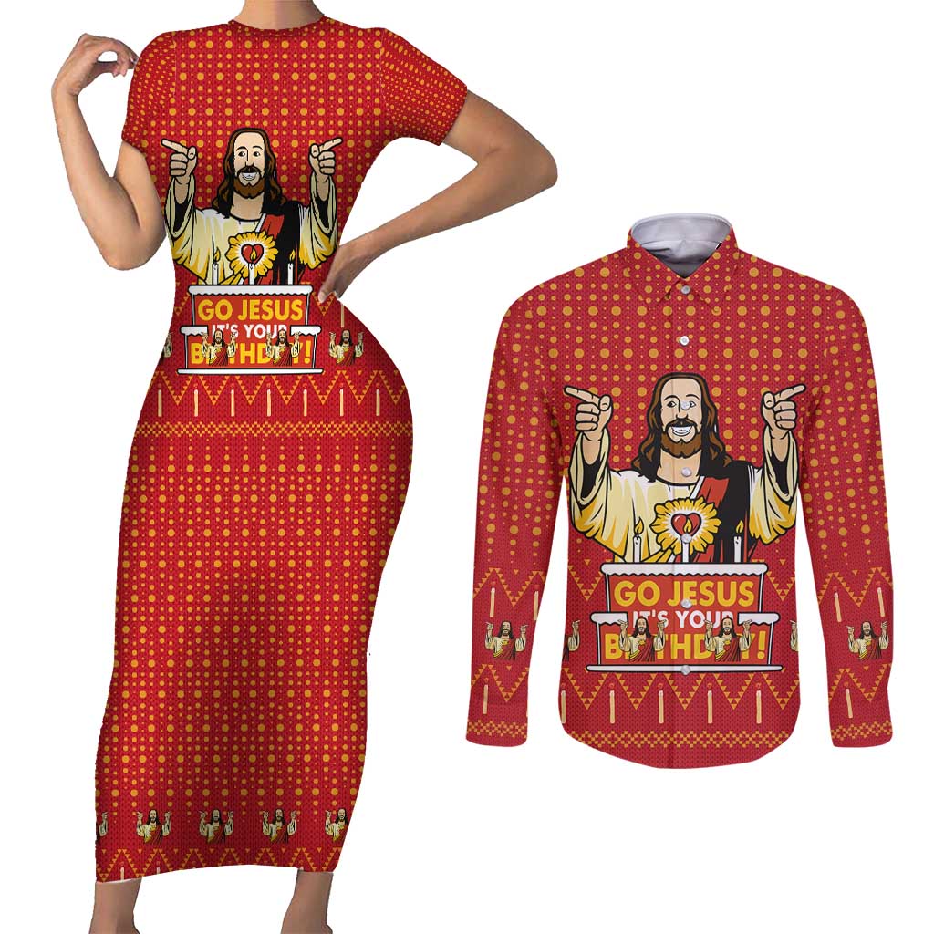 Jesus Birthday Christmas Couples Matching Short Sleeve Bodycon Dress and Long Sleeve Button Shirt Funny Xmas Holiday Patterns - Wonder Print Shop