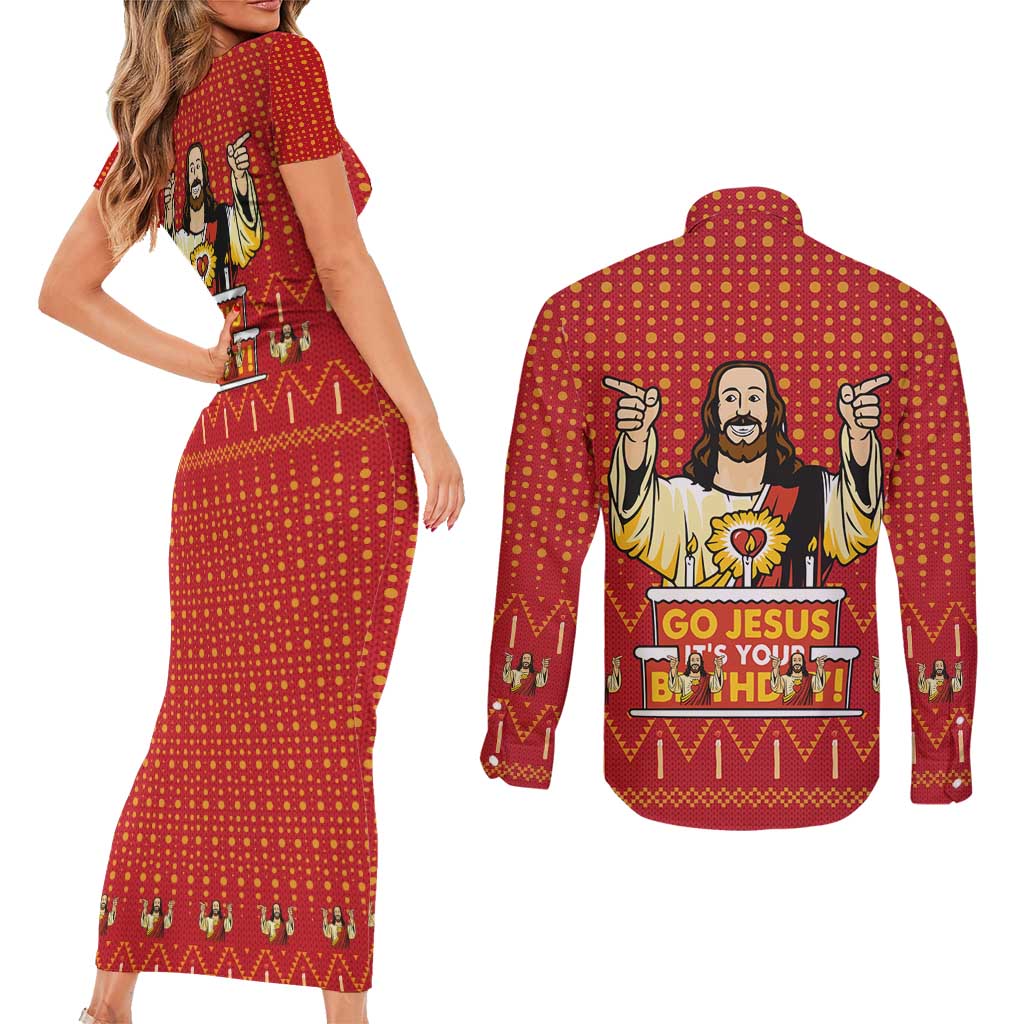 Jesus Birthday Christmas Couples Matching Short Sleeve Bodycon Dress and Long Sleeve Button Shirt Funny Xmas Holiday Patterns - Wonder Print Shop