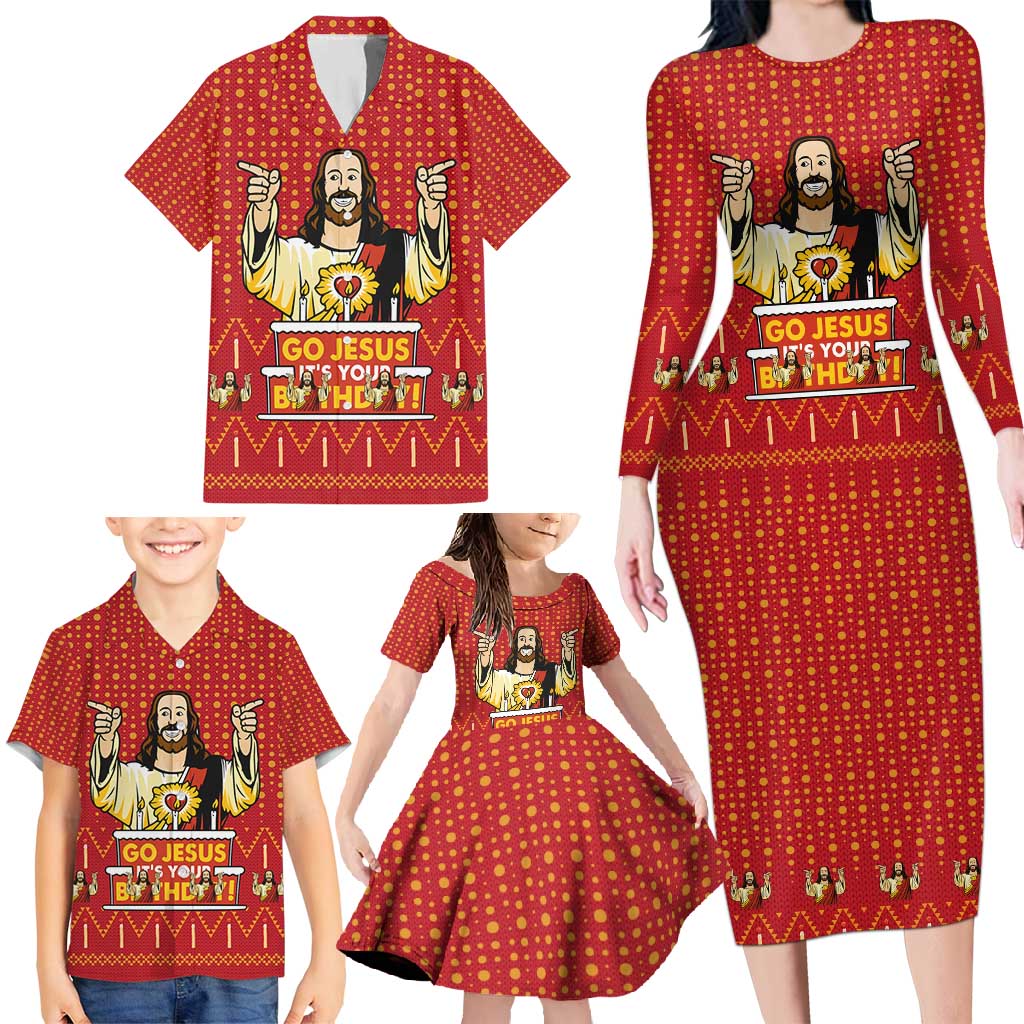 Jesus Birthday Christmas Family Matching Long Sleeve Bodycon Dress and Hawaiian Shirt Funny Xmas Holiday Patterns - Wonder Print Shop