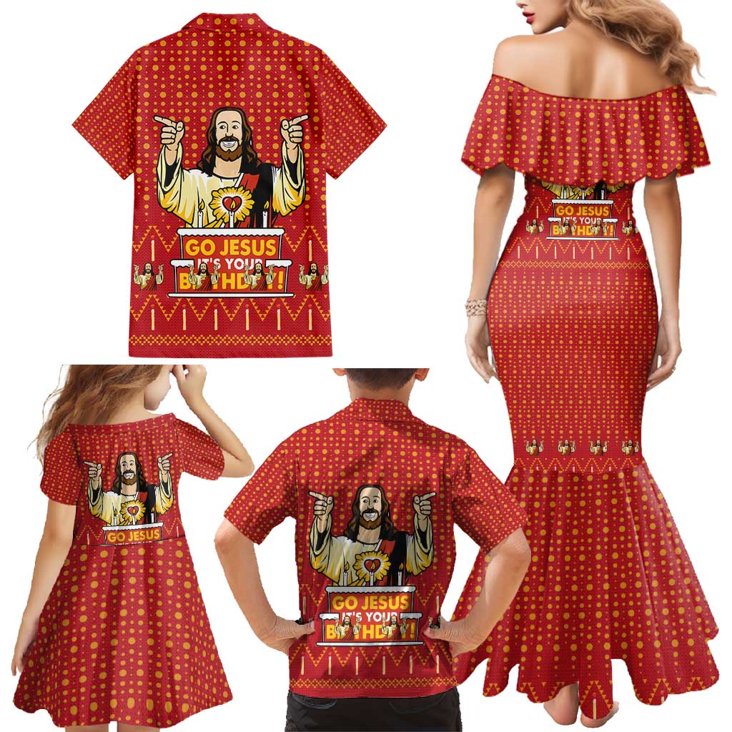 Jesus Birthday Christmas Family Matching Mermaid Dress and Hawaiian Shirt Funny Xmas Holiday Patterns - Wonder Print Shop