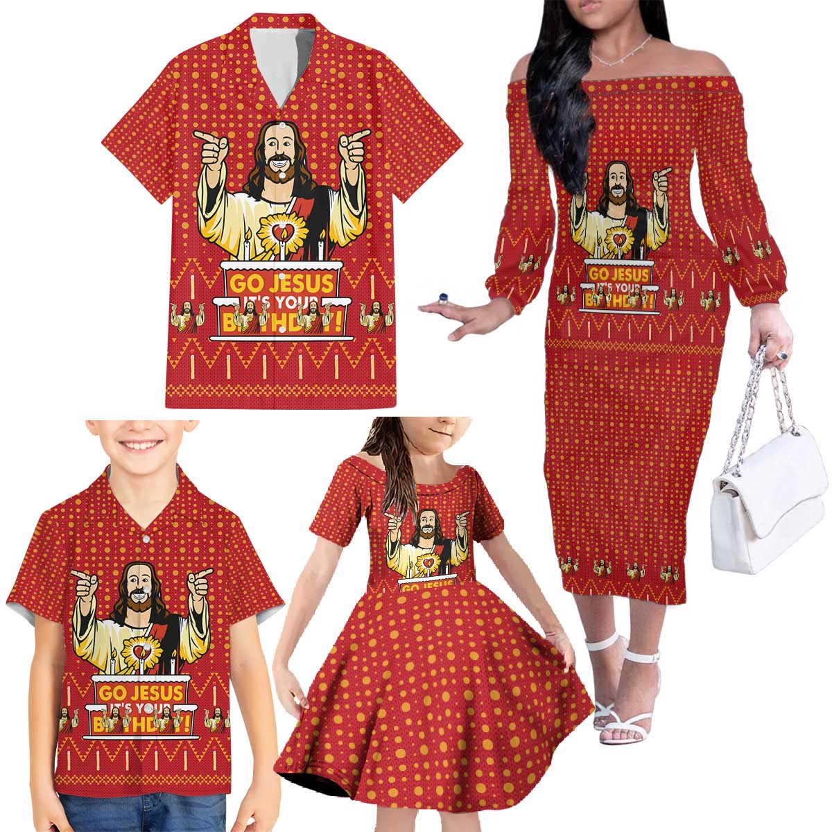 Jesus Birthday Christmas Family Matching Off The Shoulder Long Sleeve Dress and Hawaiian Shirt Funny Xmas Holiday Patterns - Wonder Print Shop