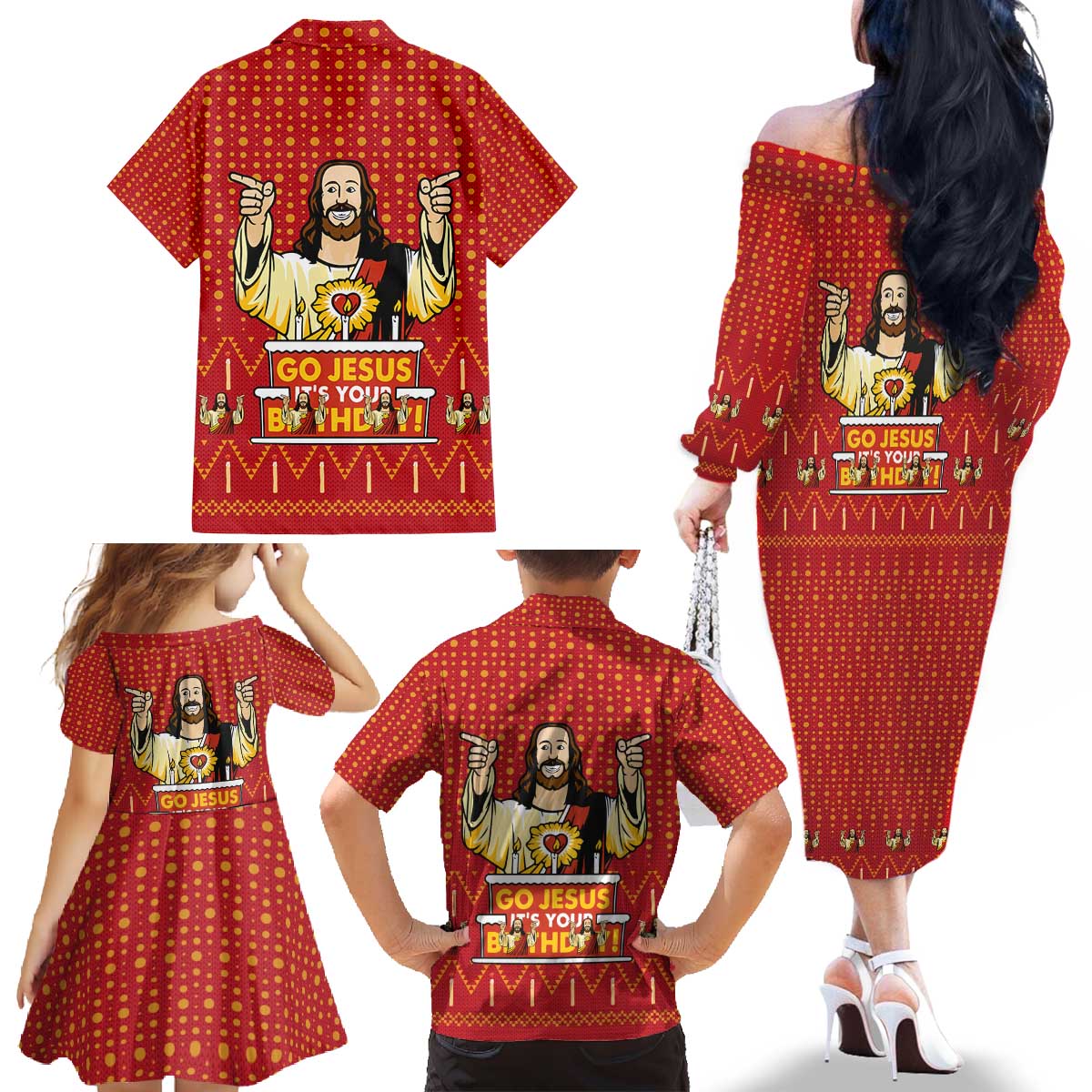 Jesus Birthday Christmas Family Matching Off The Shoulder Long Sleeve Dress and Hawaiian Shirt Funny Xmas Holiday Patterns - Wonder Print Shop