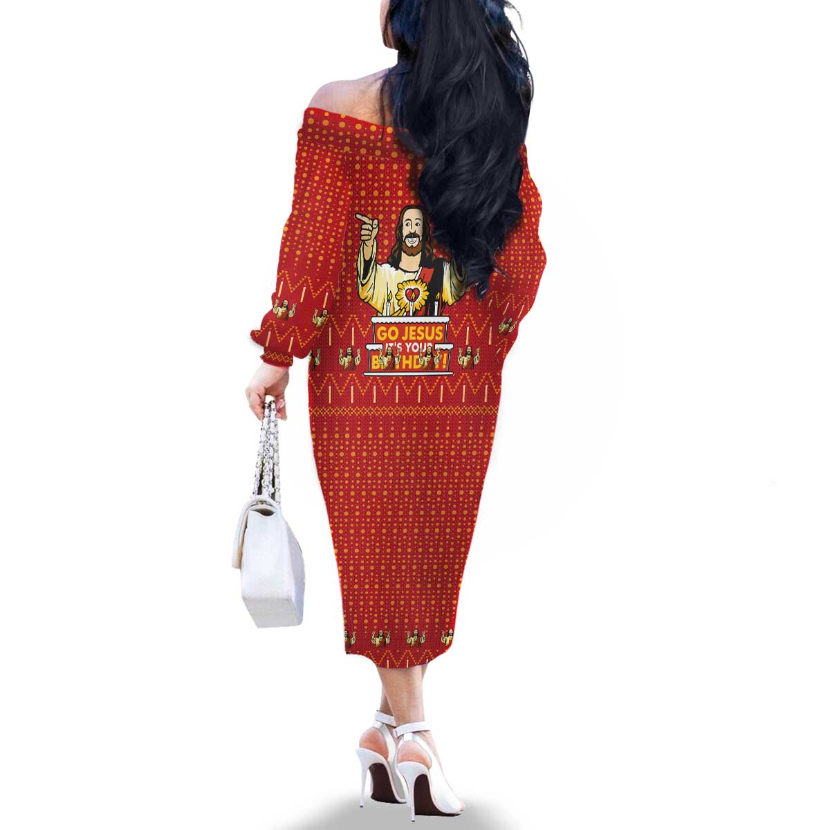Jesus Birthday Christmas Family Matching Off The Shoulder Long Sleeve Dress and Hawaiian Shirt Funny Xmas Holiday Patterns - Wonder Print Shop