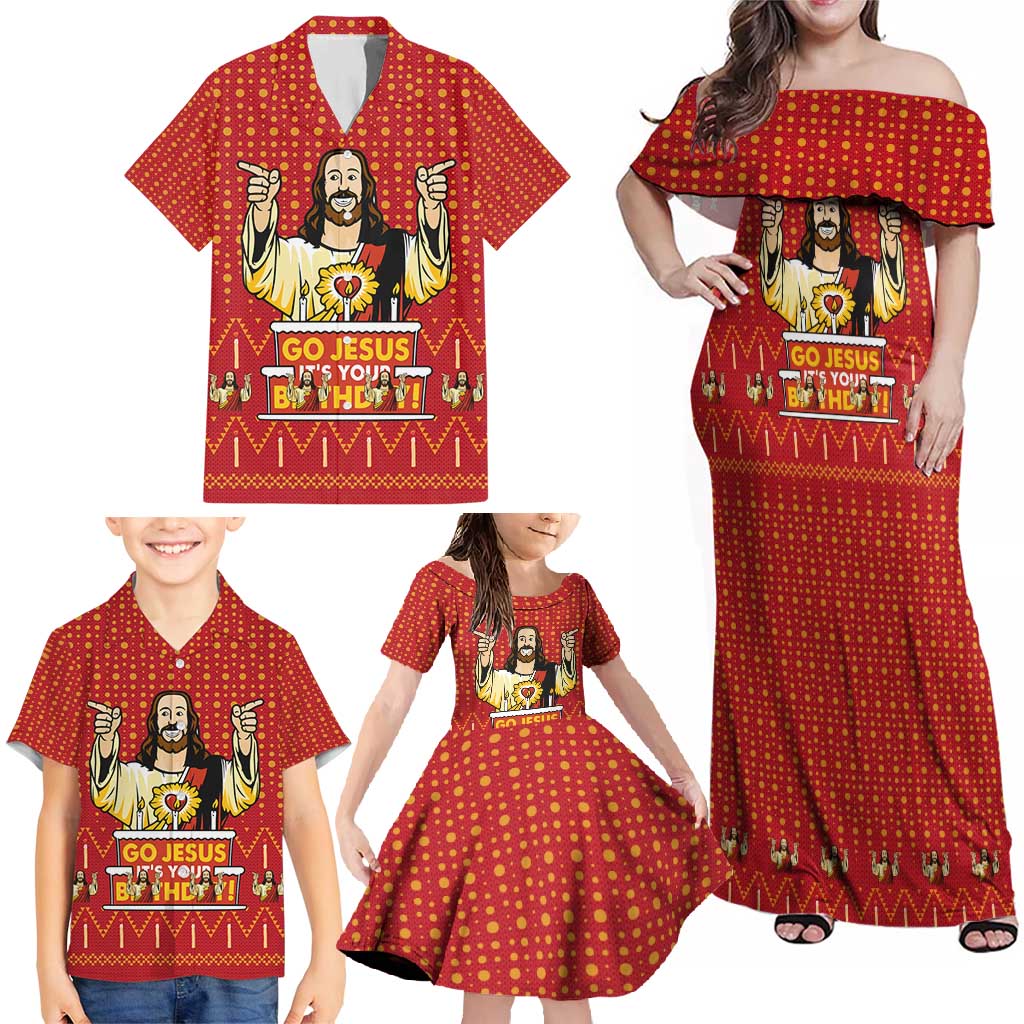 Jesus Birthday Christmas Family Matching Off Shoulder Maxi Dress and Hawaiian Shirt Funny Xmas Holiday Patterns - Wonder Print Shop
