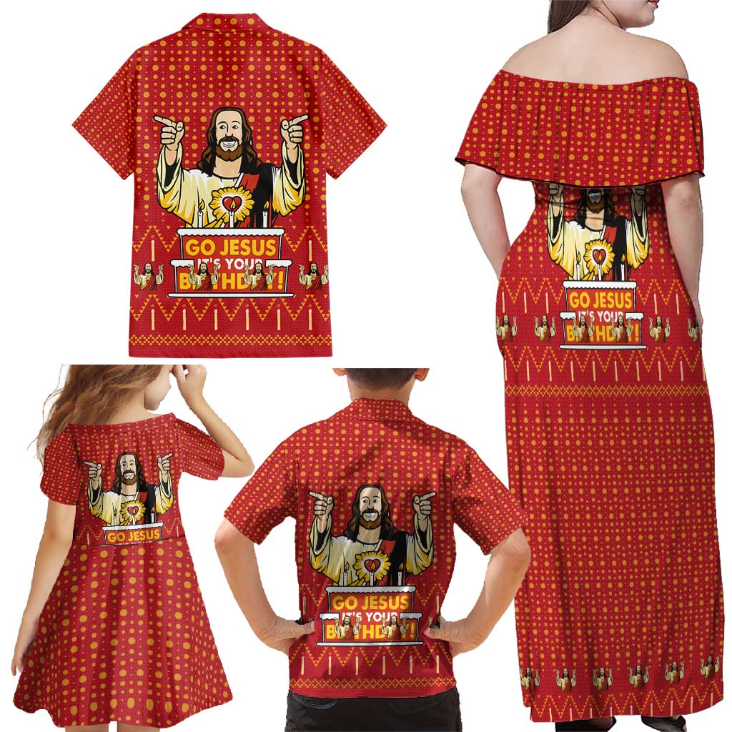 Jesus Birthday Christmas Family Matching Off Shoulder Maxi Dress and Hawaiian Shirt Funny Xmas Holiday Patterns - Wonder Print Shop