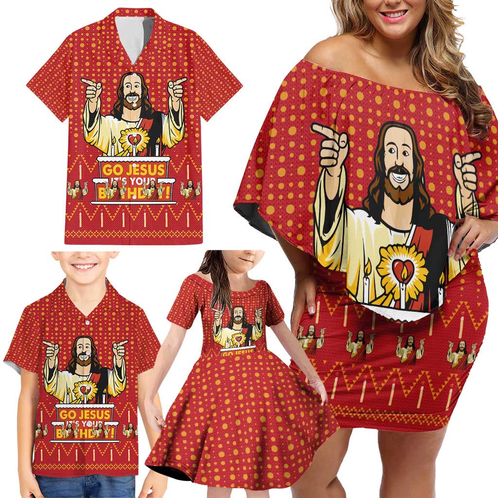 Jesus Birthday Christmas Family Matching Off Shoulder Short Dress and Hawaiian Shirt Funny Xmas Holiday Patterns - Wonder Print Shop
