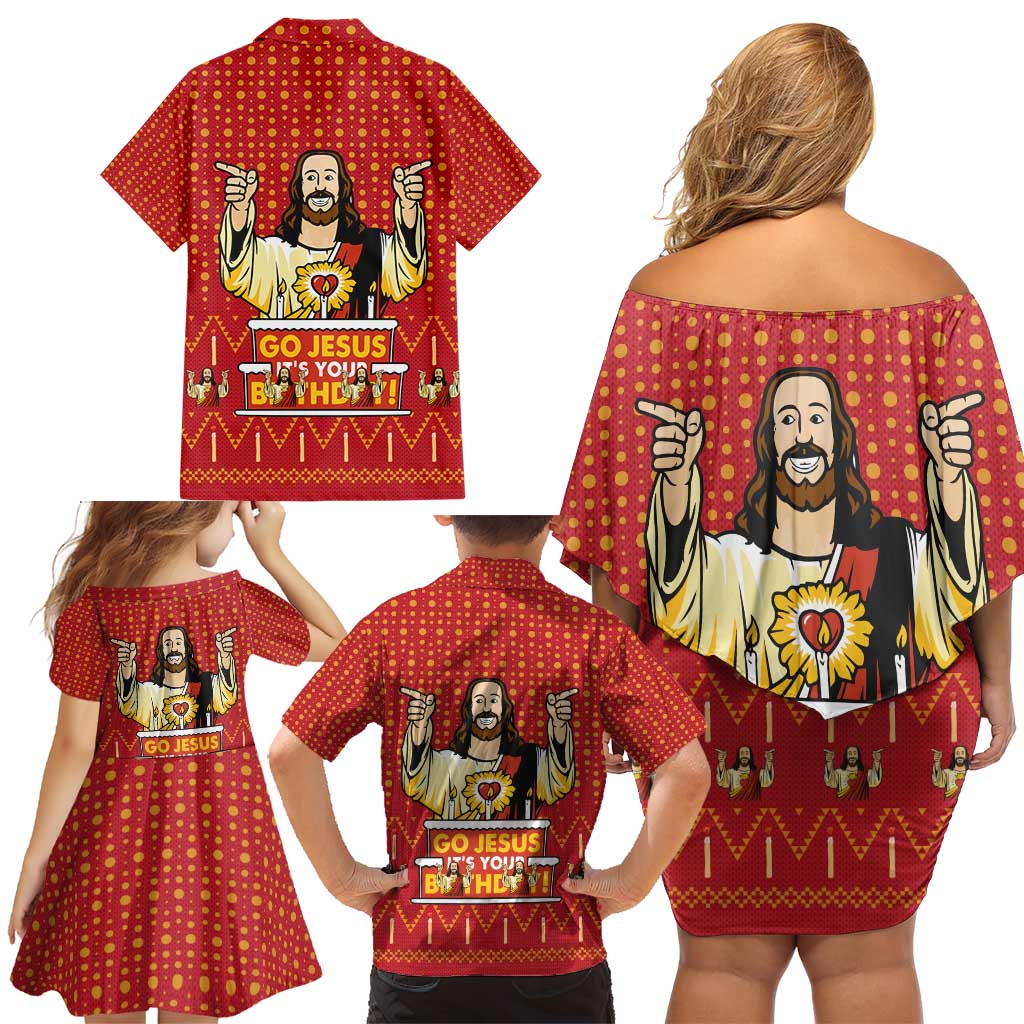 Jesus Birthday Christmas Family Matching Off Shoulder Short Dress and Hawaiian Shirt Funny Xmas Holiday Patterns - Wonder Print Shop