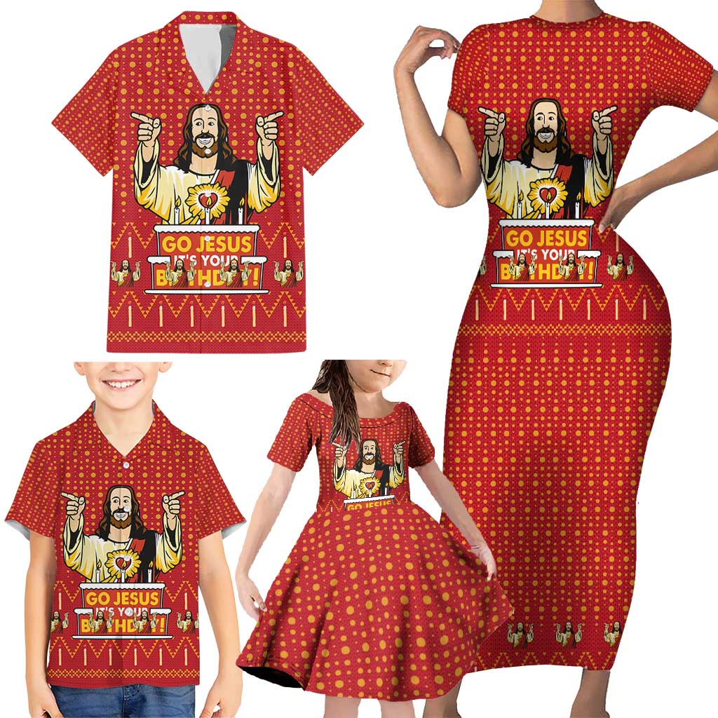 Jesus Birthday Christmas Family Matching Short Sleeve Bodycon Dress and Hawaiian Shirt Funny Xmas Holiday Patterns - Wonder Print Shop
