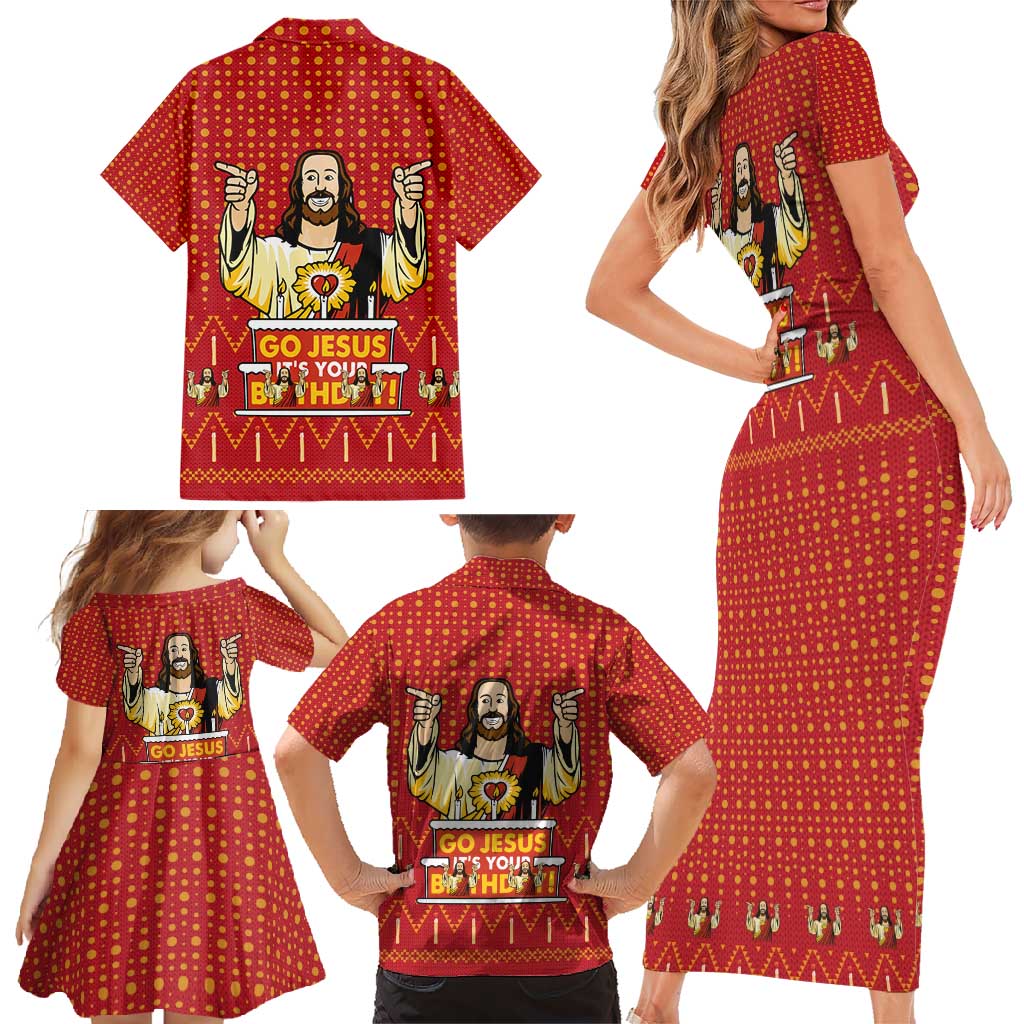 Jesus Birthday Christmas Family Matching Short Sleeve Bodycon Dress and Hawaiian Shirt Funny Xmas Holiday Patterns - Wonder Print Shop