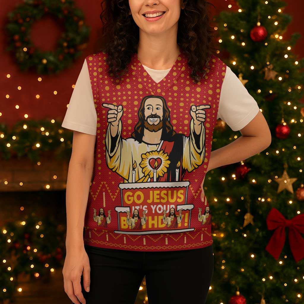 Jesus Birthday Christmas Knitted V-Neck Vest Funny Xmas Holiday Patterns - Wonder Print Shop