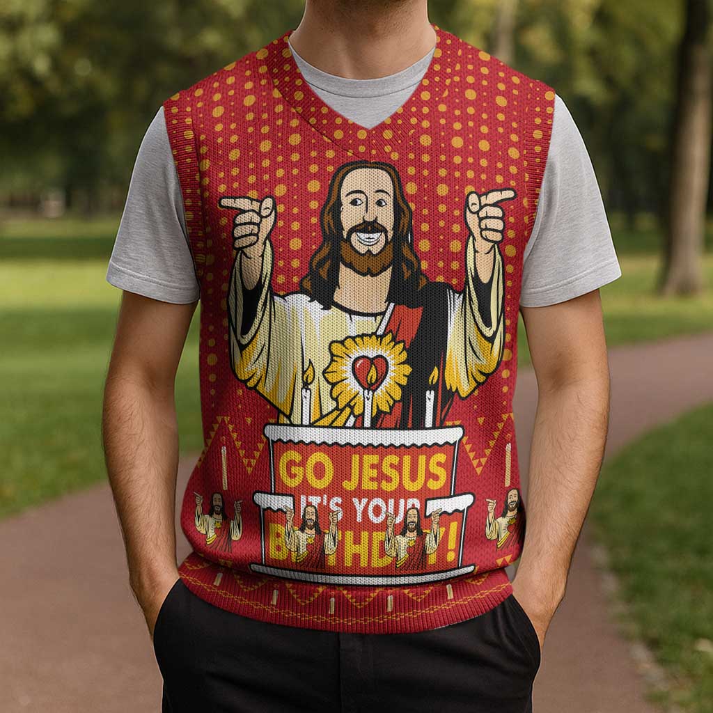 Jesus Birthday Christmas Knitted V-Neck Vest Funny Xmas Holiday Patterns - Wonder Print Shop
