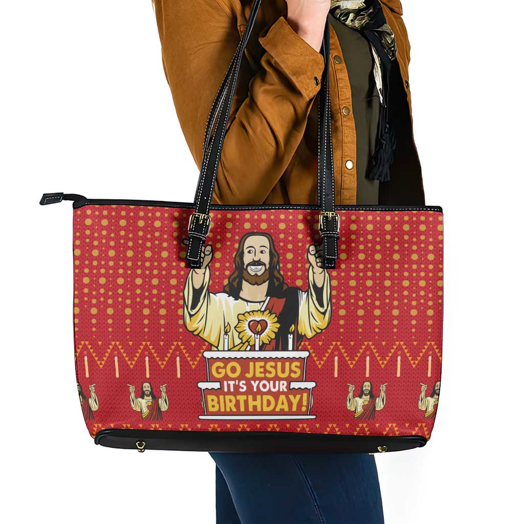 Jesus Birthday Christmas Leather Tote Bag Funny Xmas Holiday Patterns - Wonder Print Shop