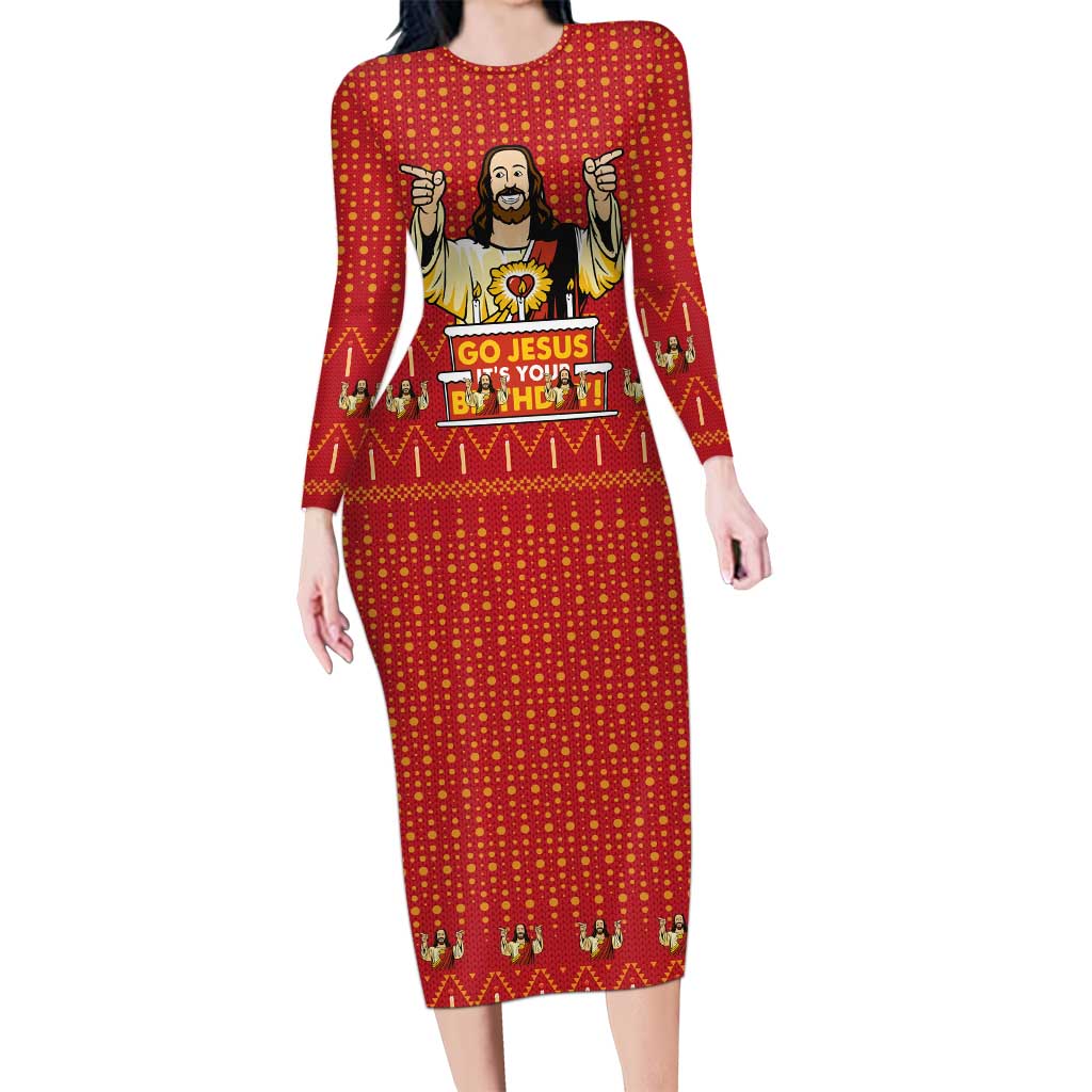 Jesus Birthday Christmas Long Sleeve Bodycon Dress Funny Xmas Holiday Patterns - Wonder Print Shop