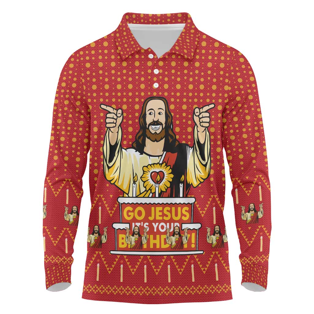 Jesus Birthday Christmas Long Sleeve Polo Shirt Funny Xmas Holiday Patterns - Wonder Print Shop