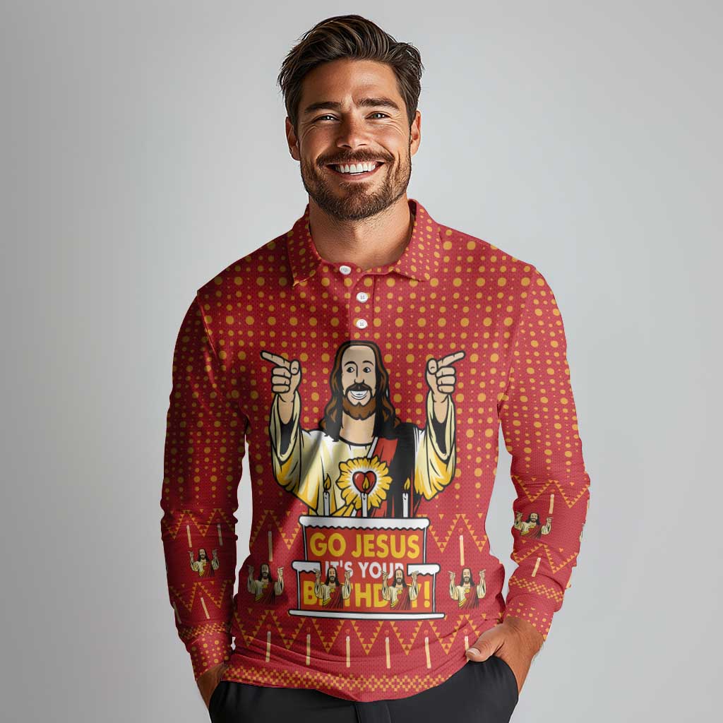 Jesus Birthday Christmas Long Sleeve Polo Shirt Funny Xmas Holiday Patterns - Wonder Print Shop