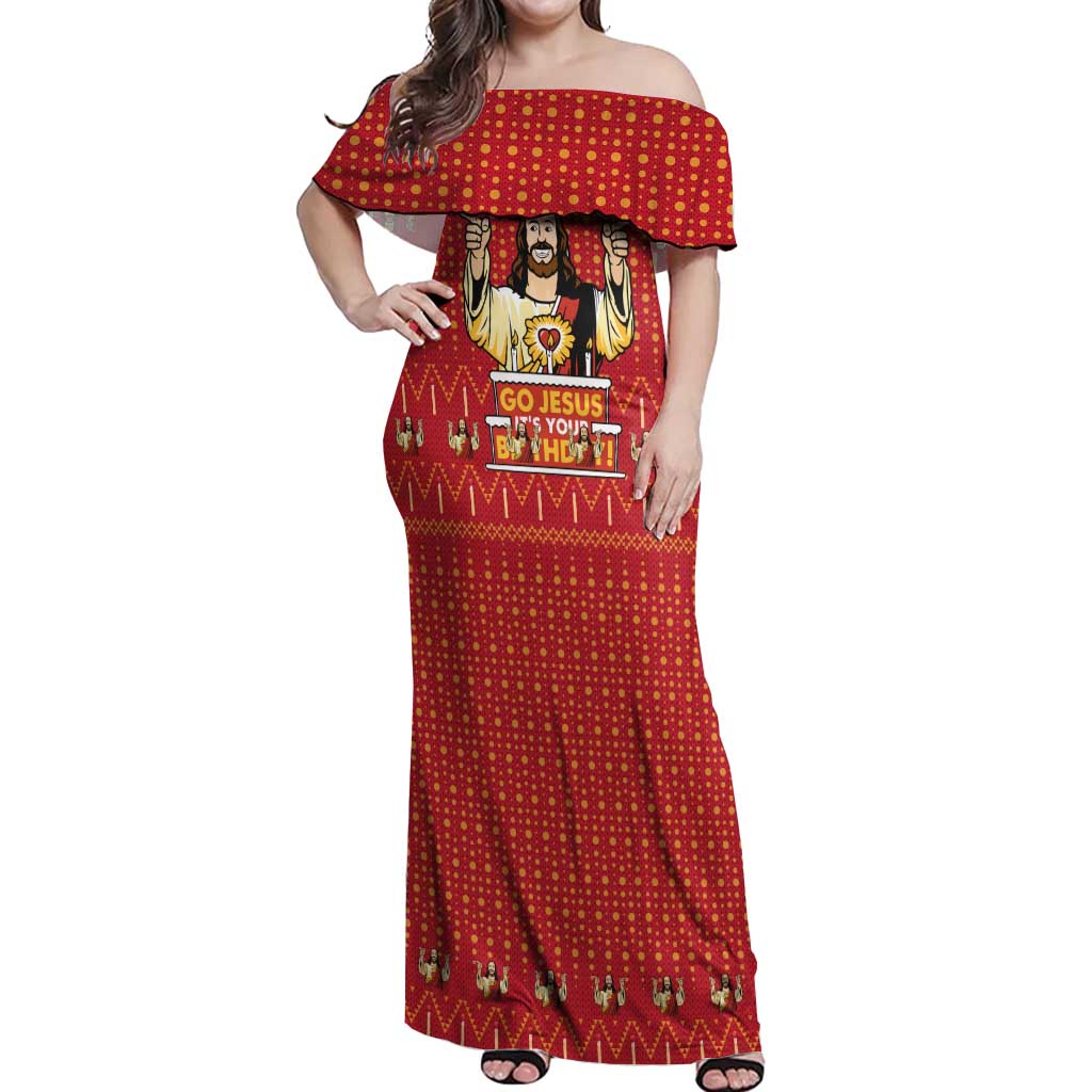 Jesus Birthday Christmas Off Shoulder Maxi Dress Funny Xmas Holiday Patterns - Wonder Print Shop