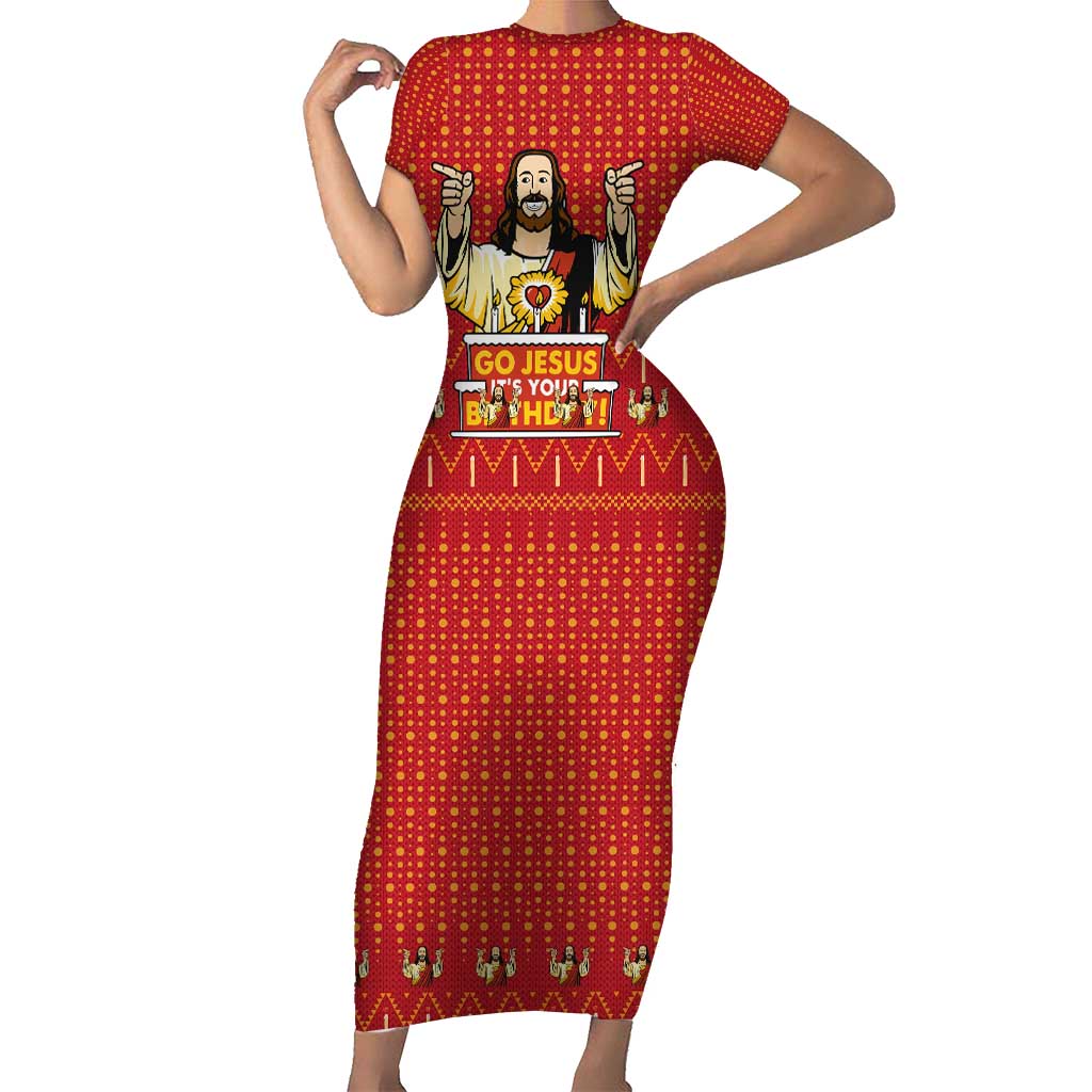 Jesus Birthday Christmas Short Sleeve Bodycon Dress Funny Xmas Holiday Patterns - Wonder Print Shop