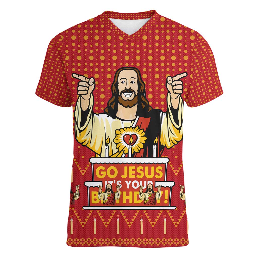 Jesus Birthday Christmas Women V-Neck T-Shirt Funny Xmas Holiday Patterns - Wonder Print Shop