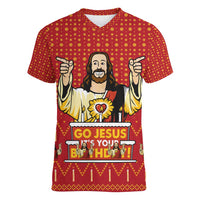 Jesus Birthday Christmas Women V-Neck T-Shirt Funny Xmas Holiday Patterns - Wonder Print Shop
