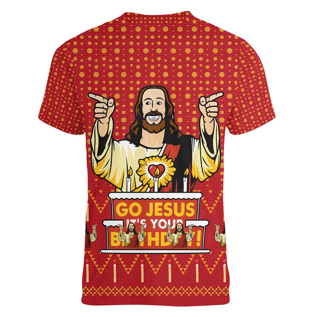 Jesus Birthday Christmas Women V-Neck T-Shirt Funny Xmas Holiday Patterns - Wonder Print Shop