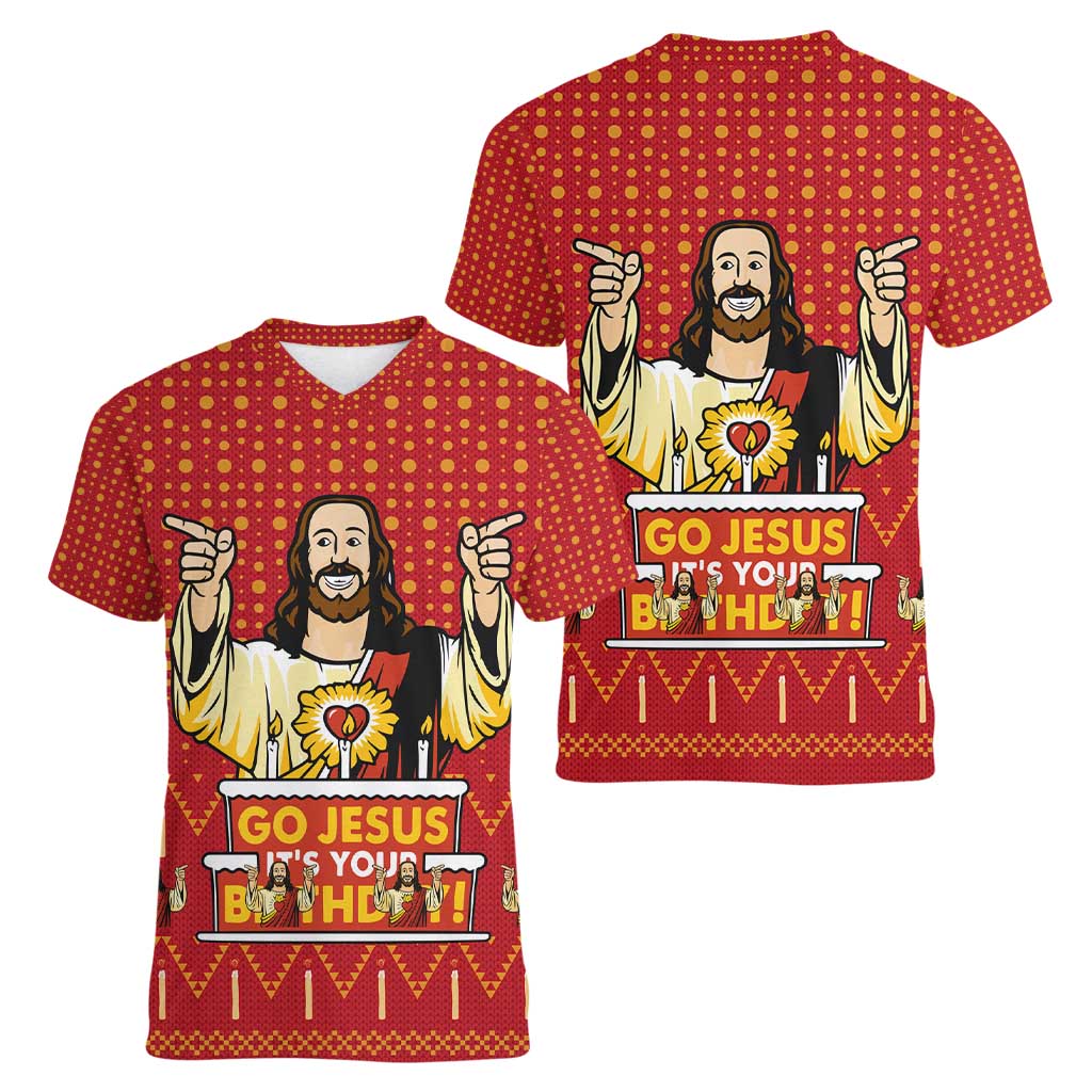 Jesus Birthday Christmas Women V-Neck T-Shirt Funny Xmas Holiday Patterns - Wonder Print Shop
