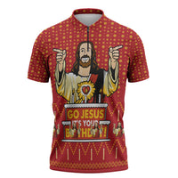 Jesus Birthday Christmas Zipper Polo Shirt Funny Xmas Holiday Patterns - Wonder Print Shop