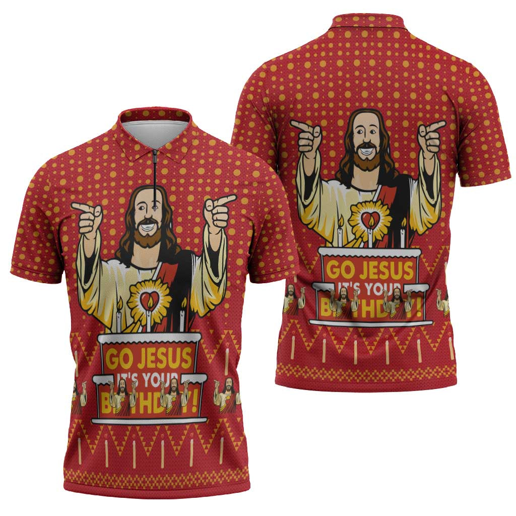 Jesus Birthday Christmas Zipper Polo Shirt Funny Xmas Holiday Patterns - Wonder Print Shop
