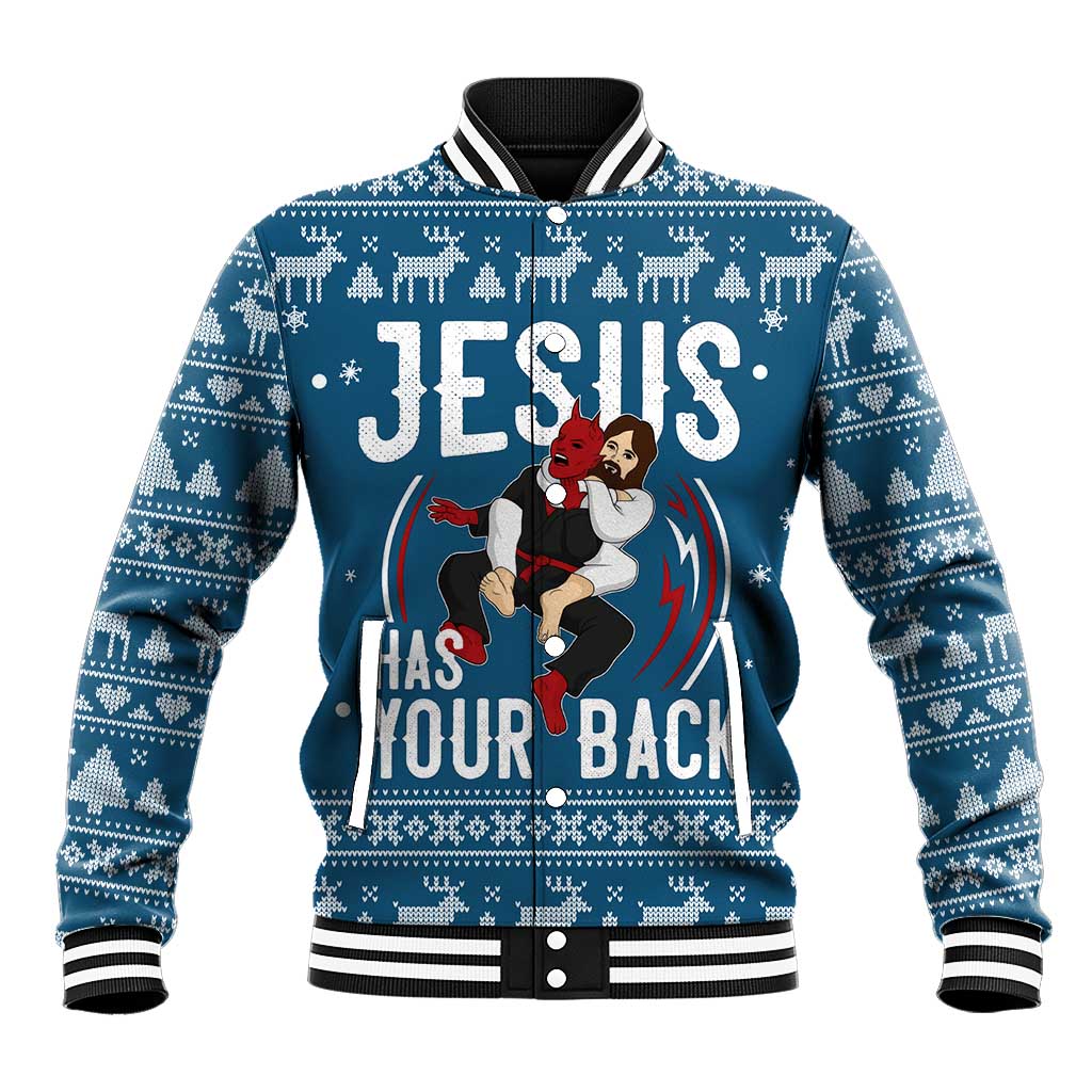Jesus Has Your Back Jiu Jitsu Christmas Baseball Jacket Funny Xmas Holiday Patterns - Wonder Print Shop