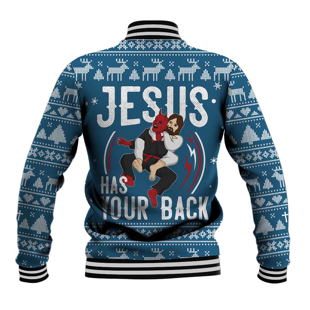 Jesus Has Your Back Jiu Jitsu Christmas Baseball Jacket Funny Xmas Holiday Patterns - Wonder Print Shop