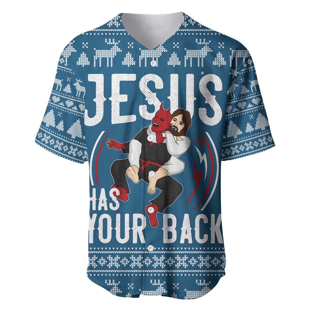 Jesus Has Your Back Jiu Jitsu Christmas Baseball Jersey Funny Xmas Holiday Patterns - Wonder Print Shop