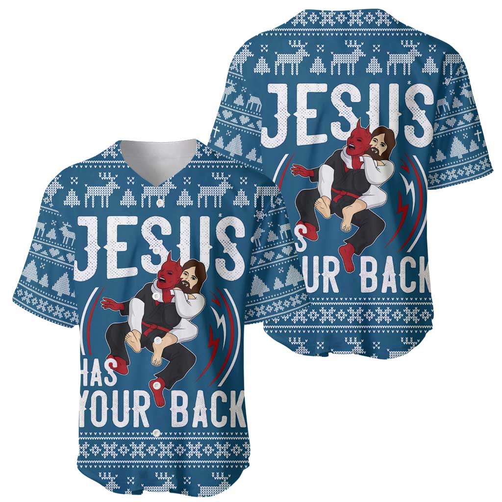 Jesus Has Your Back Jiu Jitsu Christmas Baseball Jersey Funny Xmas Holiday Patterns - Wonder Print Shop
