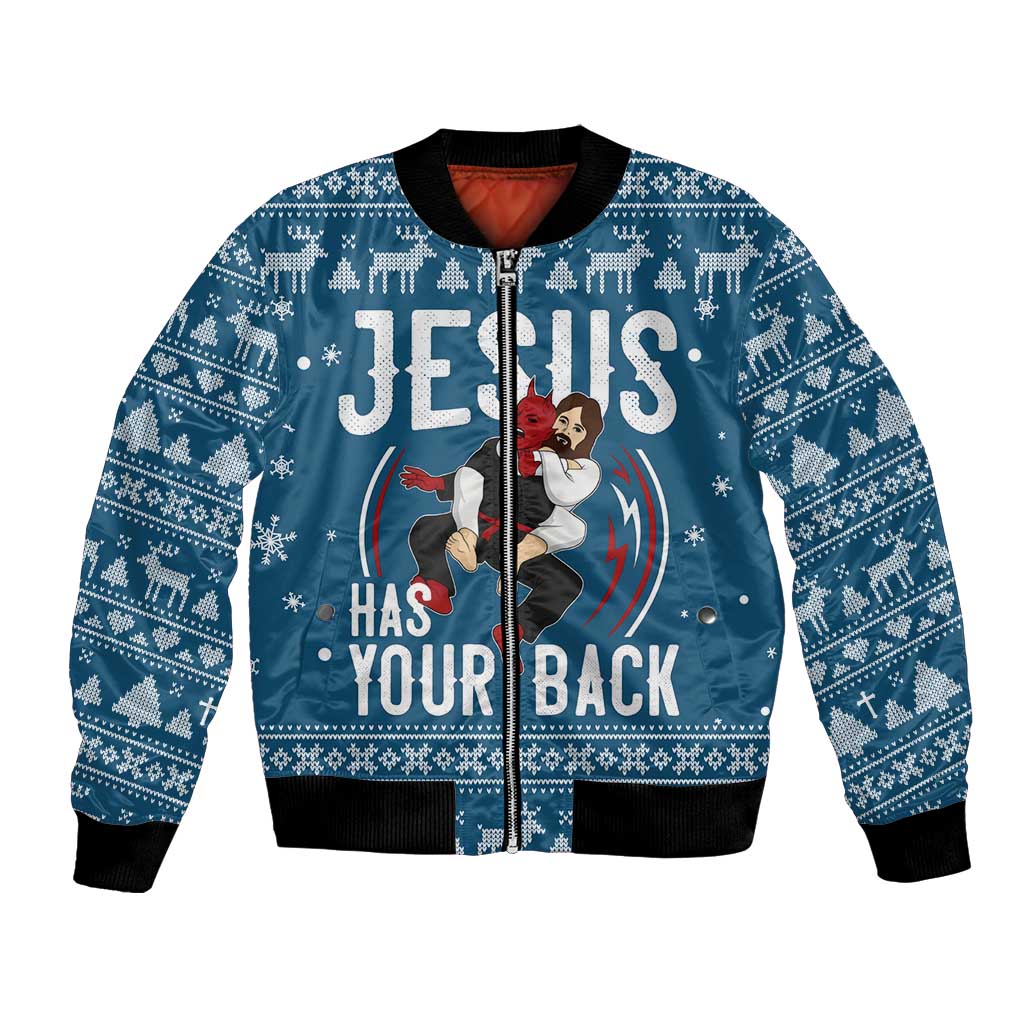Jesus Has Your Back Jiu Jitsu Christmas Bomber Jacket Funny Xmas Holiday Patterns - Wonder Print Shop