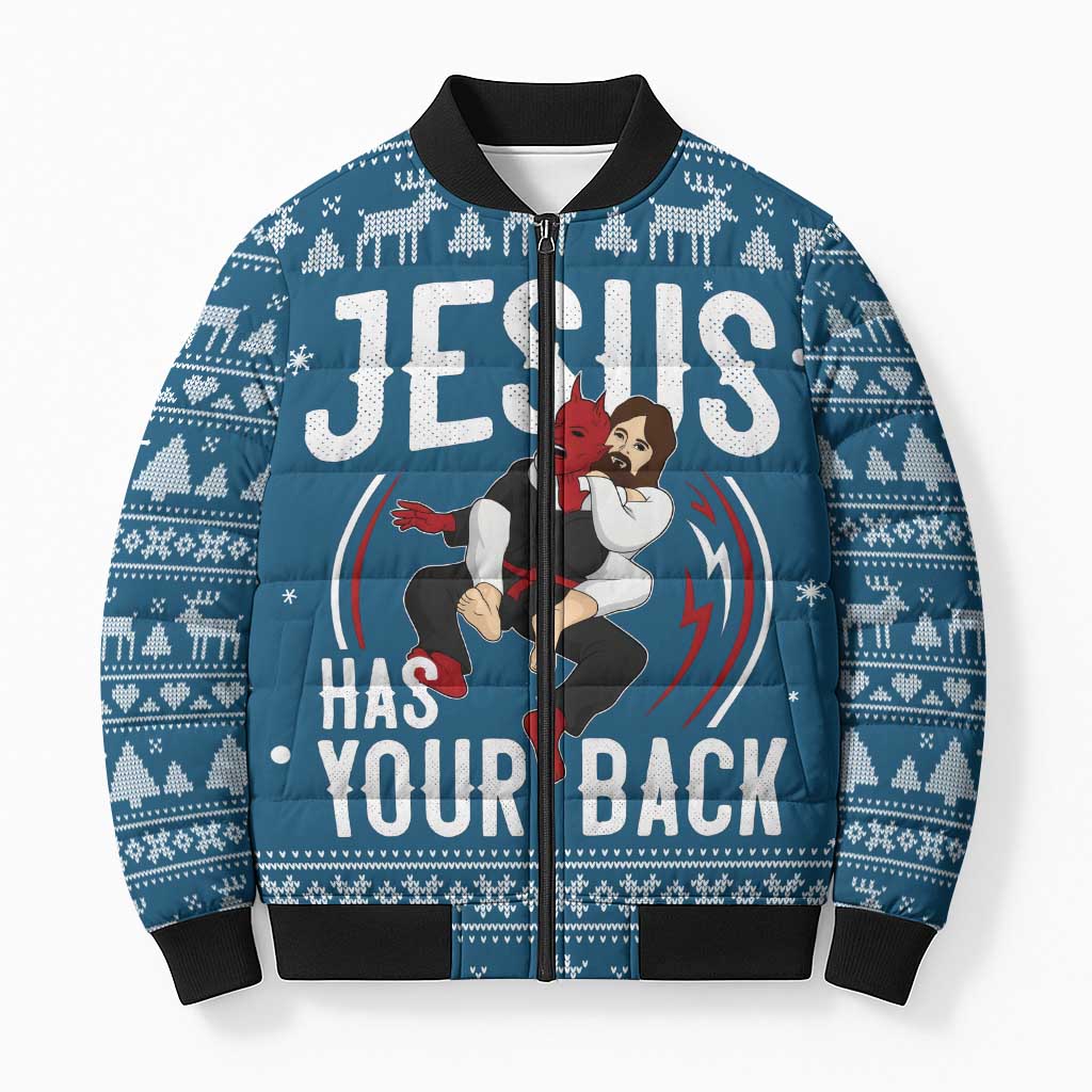 Jesus Has Your Back Jiu Jitsu Christmas Bomber Puffer Jacket Funny Xmas Holiday Patterns - Wonder Print Shop