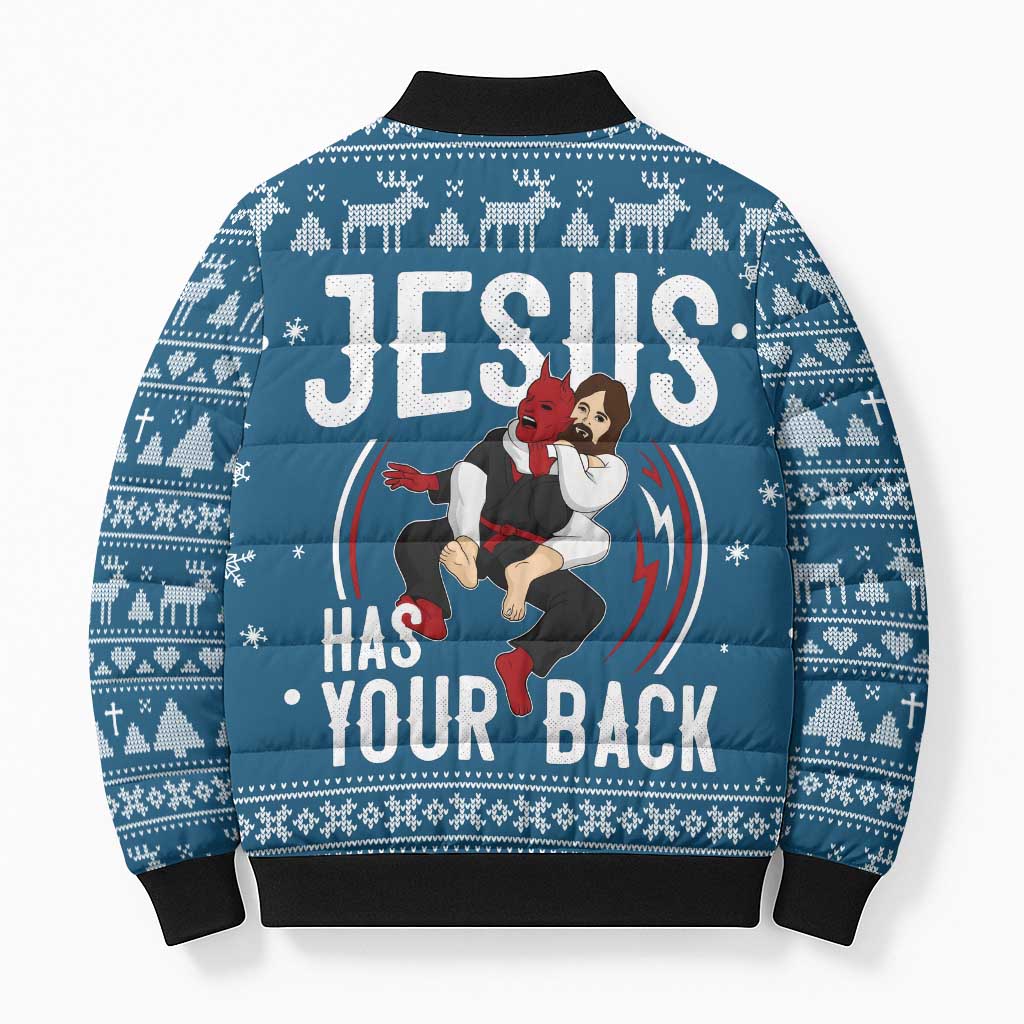Jesus Has Your Back Jiu Jitsu Christmas Bomber Puffer Jacket Funny Xmas Holiday Patterns - Wonder Print Shop