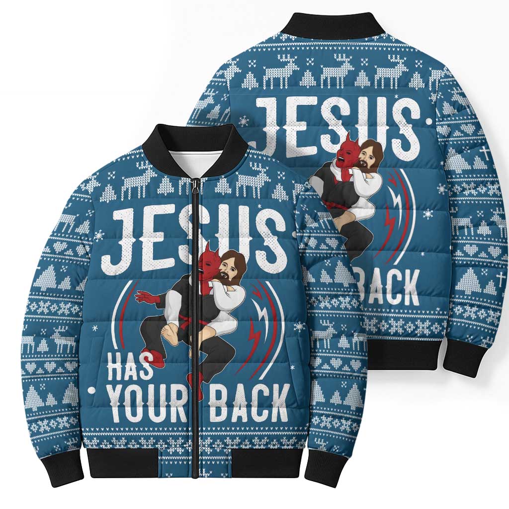 Jesus Has Your Back Jiu Jitsu Christmas Bomber Puffer Jacket Funny Xmas Holiday Patterns - Wonder Print Shop