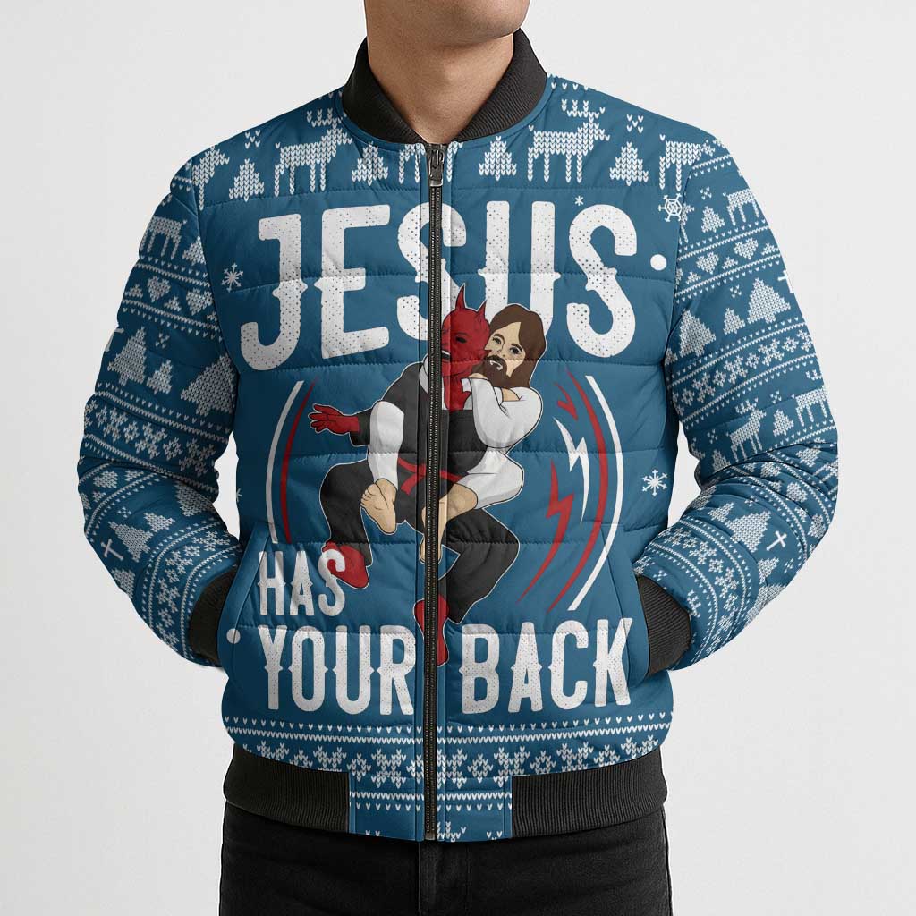 Jesus Has Your Back Jiu Jitsu Christmas Bomber Puffer Jacket Funny Xmas Holiday Patterns - Wonder Print Shop