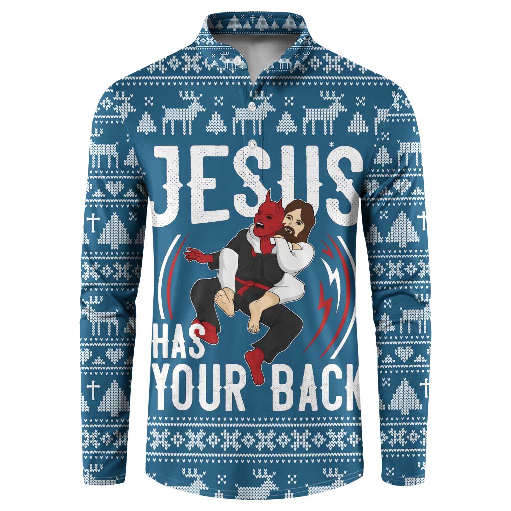 Jesus Has Your Back Jiu Jitsu Christmas Button Sweatshirt Funny Xmas Holiday Patterns - Wonder Print Shop