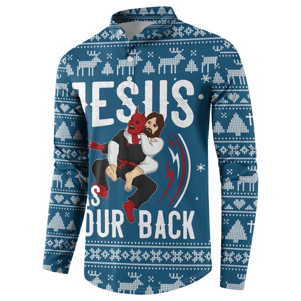 Jesus Has Your Back Jiu Jitsu Christmas Button Sweatshirt Funny Xmas Holiday Patterns - Wonder Print Shop