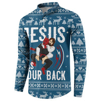 Jesus Has Your Back Jiu Jitsu Christmas Button Sweatshirt Funny Xmas Holiday Patterns - Wonder Print Shop