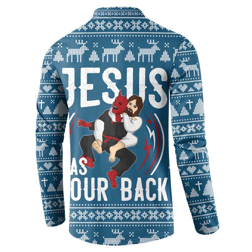 Jesus Has Your Back Jiu Jitsu Christmas Button Sweatshirt Funny Xmas Holiday Patterns - Wonder Print Shop