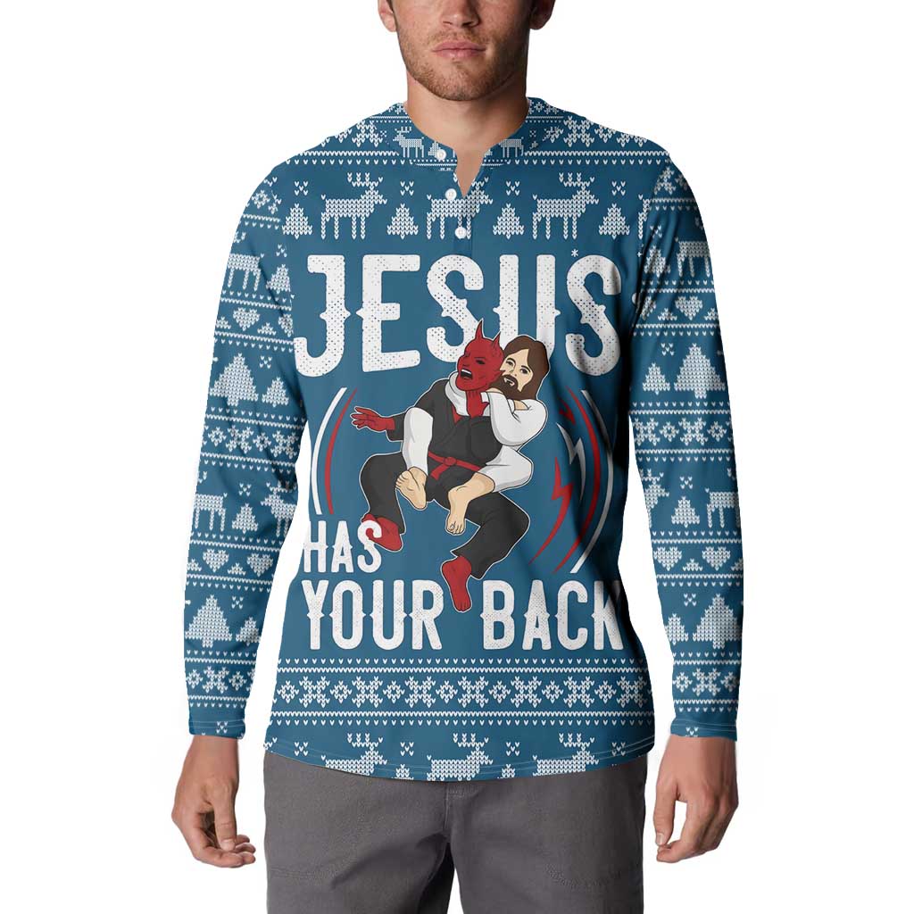 Jesus Has Your Back Jiu Jitsu Christmas Button Sweatshirt Funny Xmas Holiday Patterns - Wonder Print Shop