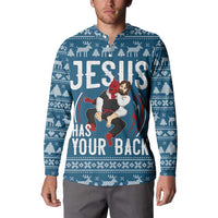 Jesus Has Your Back Jiu Jitsu Christmas Button Sweatshirt Funny Xmas Holiday Patterns - Wonder Print Shop