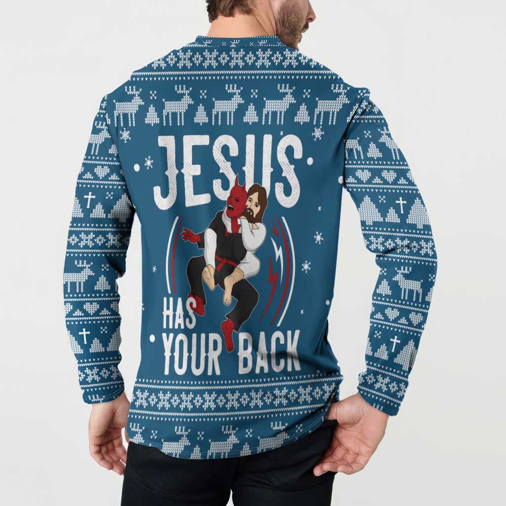 Jesus Has Your Back Jiu Jitsu Christmas Button Sweatshirt Funny Xmas Holiday Patterns - Wonder Print Shop