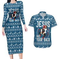 Jesus Has Your Back Jiu Jitsu Christmas Couples Matching Long Sleeve Bodycon Dress and Hawaiian Shirt Funny Xmas Holiday Patterns - Wonder Print Shop