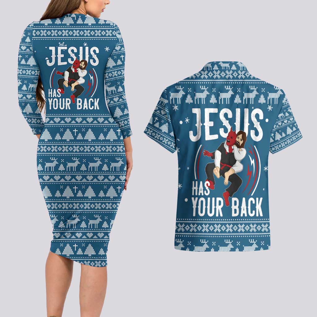 Jesus Has Your Back Jiu Jitsu Christmas Couples Matching Long Sleeve Bodycon Dress and Hawaiian Shirt Funny Xmas Holiday Patterns - Wonder Print Shop